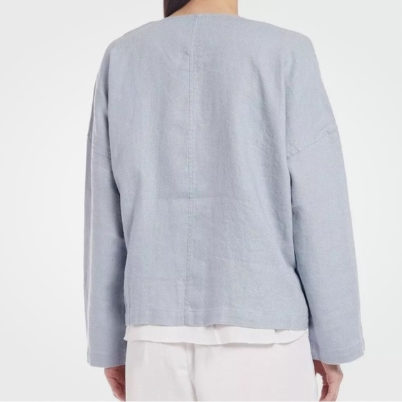 Eileen Fisher Heavy Organic Linen Drape Front Jacket Dawn Blue Size L NEW - Picture 2 of 11